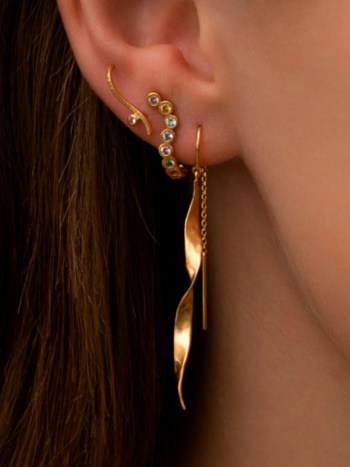 Long Twisted Hammered Earring with Chain Gold